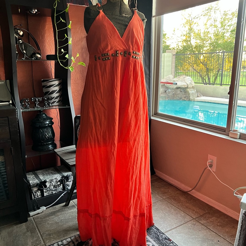 Vibrant Orange Maxi Dress with Studded Detail